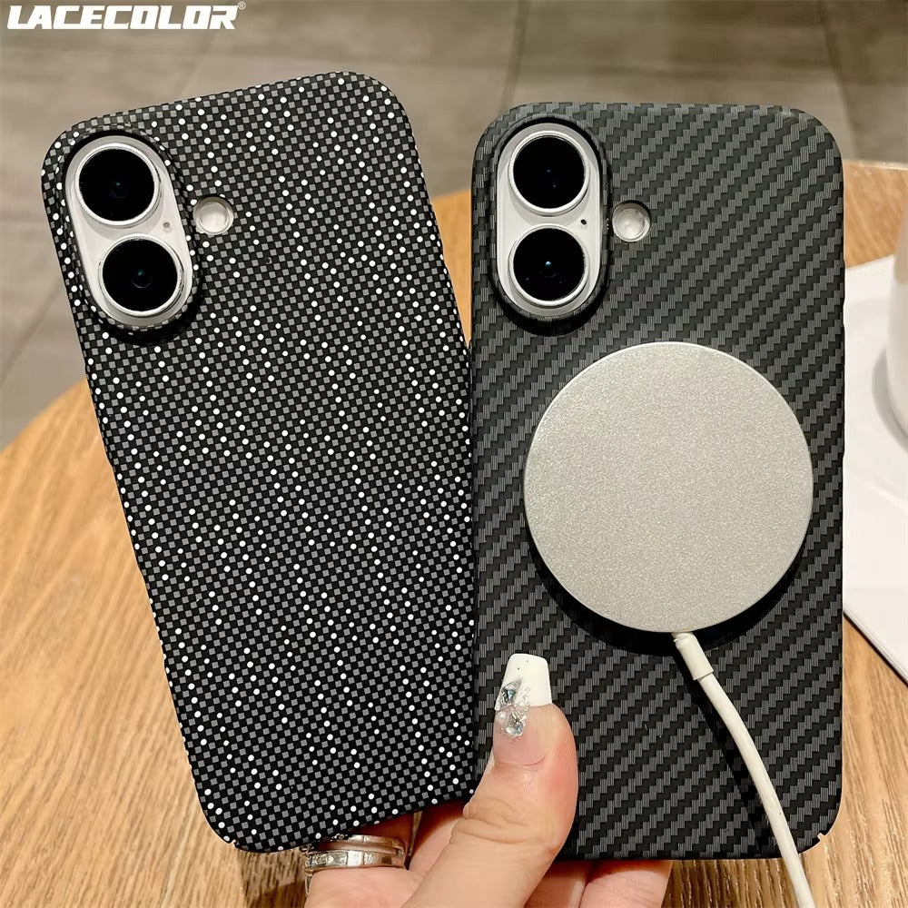 Luxury Apple iPhone Case, MagSafe Compatible, Camera Lens & Screen Protection, Ultra Thin, Shockproof, Magnetic Full All Around Cover – Kevlar Carbon Fiber Pattern PC Armor Case with Magnetic Back & Rugged Protection