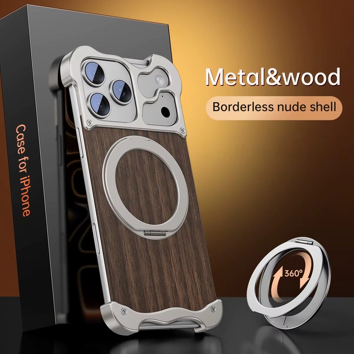 Luxury Wood & Aluminum iPhone Case – MagSafe Compatible Magnetic Cover with 360° Rotating Ring Stand, Shockproof Frame and Camera Lens Protection
