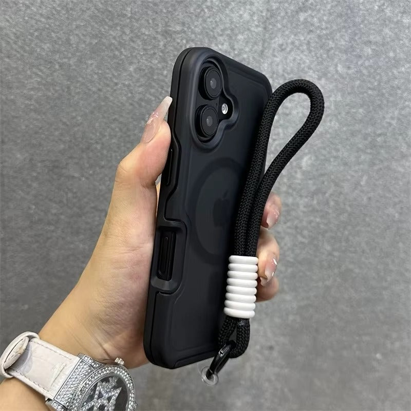 High Quality Apple iPhone Case, MagSafe Compatible, Camera Lens & Screen Protection, Ultra Thin, Shockproof, Magnetic Full All Around Cover – Dual Color Matte Armor Case with Wrist Strap & Magnetic Lanyard