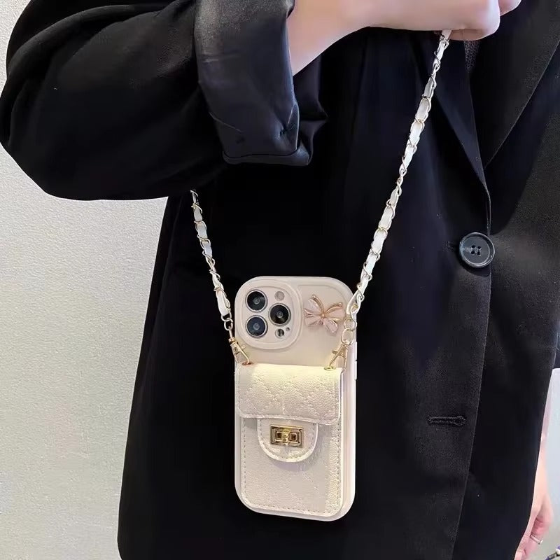 Luxury Apple iPhone Case, MagSafe Compatible, Camera Lens & Screen Protection, Ultra Thin, Shockproof, Magnetic Full All Around Cover – Lingge Envelope Crossbody Card Bag with Long Necklace Strap