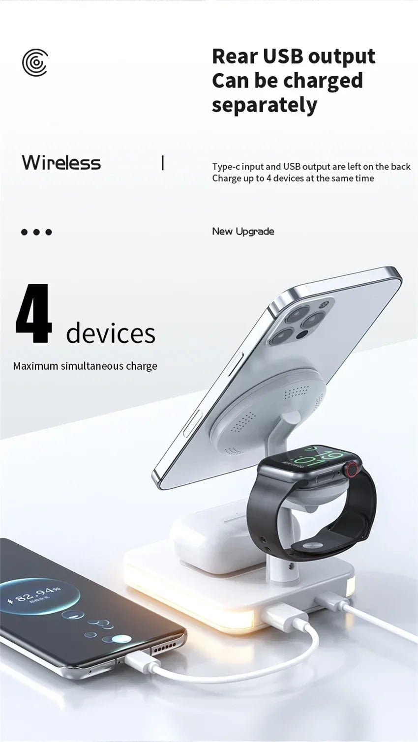 Premium 4 in 1 Magnetic Wireless Charging Station – 30W Fast Charger Stand with LED Lamp, Cooling Fan, USB Output for Phones, AirPods and Apple Watch