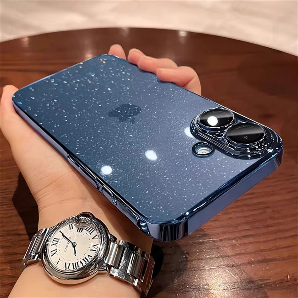 Luxury Apple iPhone Case, MagSafe Compatible, Camera Lens & Screen Protection, Ultra Thin, Shockproof, Magnetic Full All Around Cover – Transparent Glitter Slim Case with Electroplated Gold Bumper & Hard Plastic Back