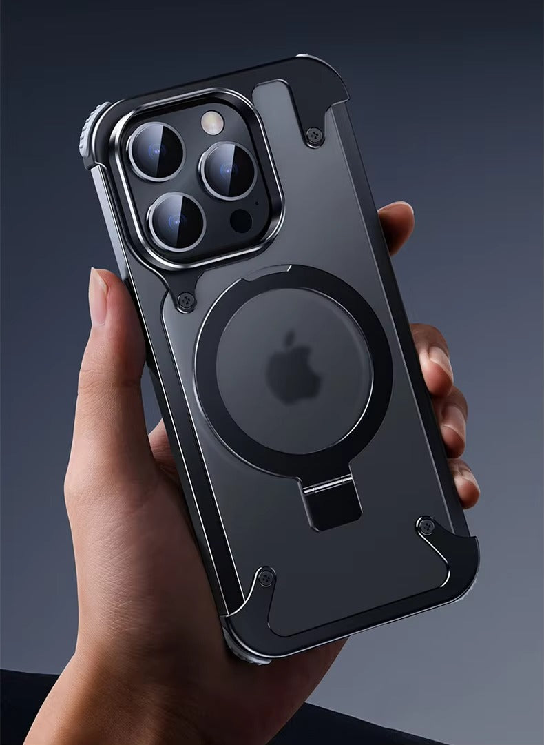 Luxury Edgeless Apple iPhone Case, MagSafe Compatible, Ultra Thin Magnetic Metal Frame and Aluminum Kickstand