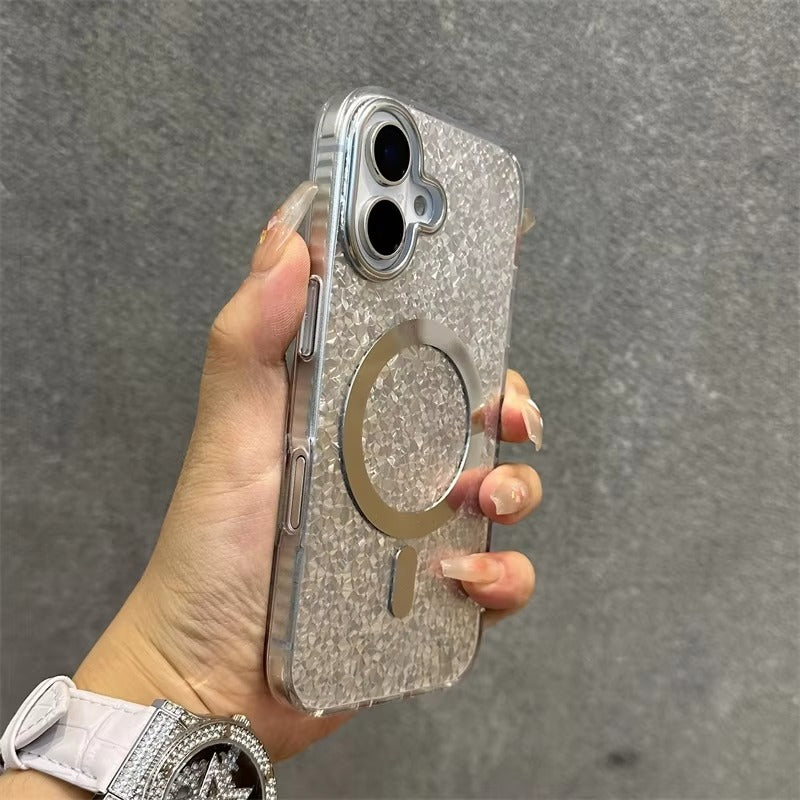 Luxury Apple iPhone Case, MagSafe Compatible, Camera Lens & Screen Protection, Ultra Thin, Shockproof, Magnetic Full All Around Cover – Laser Aurora Raindrop Acrylic Case with Wrist Strap & Wireless Charging