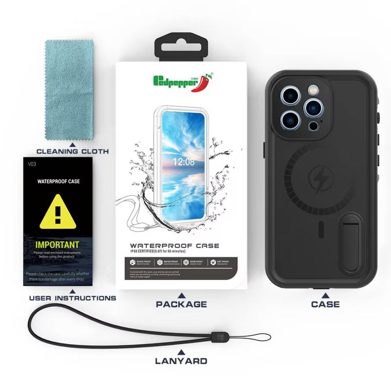 High Quality Apple iPhone Case MagSafe Compatible, Camera Lens & Screen Protection, Cover with IP68 Diving Armor Stand