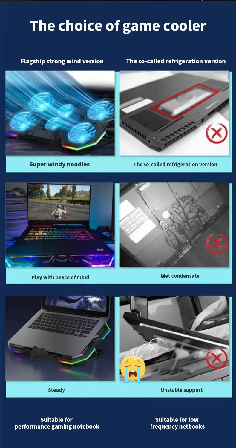 High-Performance, RGB, Gaming Laptop Stand, Air Cooler, Notebook Holder, with 6 Fans, Adjustable, Foldable Base, for 12, 13, 14, 15, 16, 17 Inch Laptops
