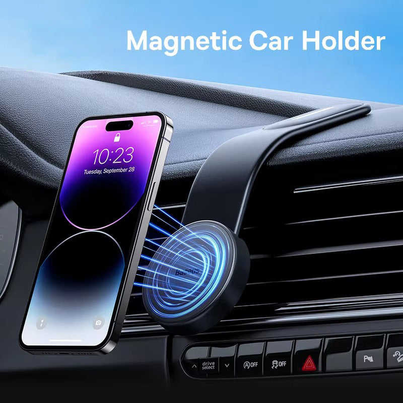 Robust Magnetic Car Phone Holder with 15W Wireless Charging – Foldable Dashboard Mount, Strong Grip, Universal for iPhone & Android, Mini Design