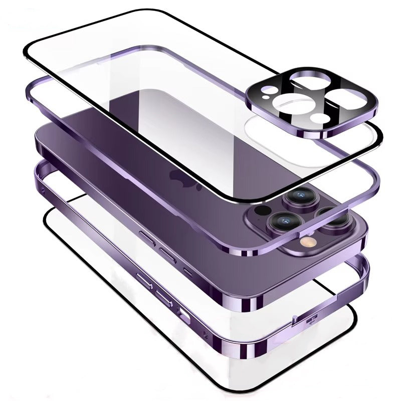 Luxury Apple iPhone Case MagSafe Compatible, Camera Lens & Screen Protection Cover with Double Glass Snap Lock Frame