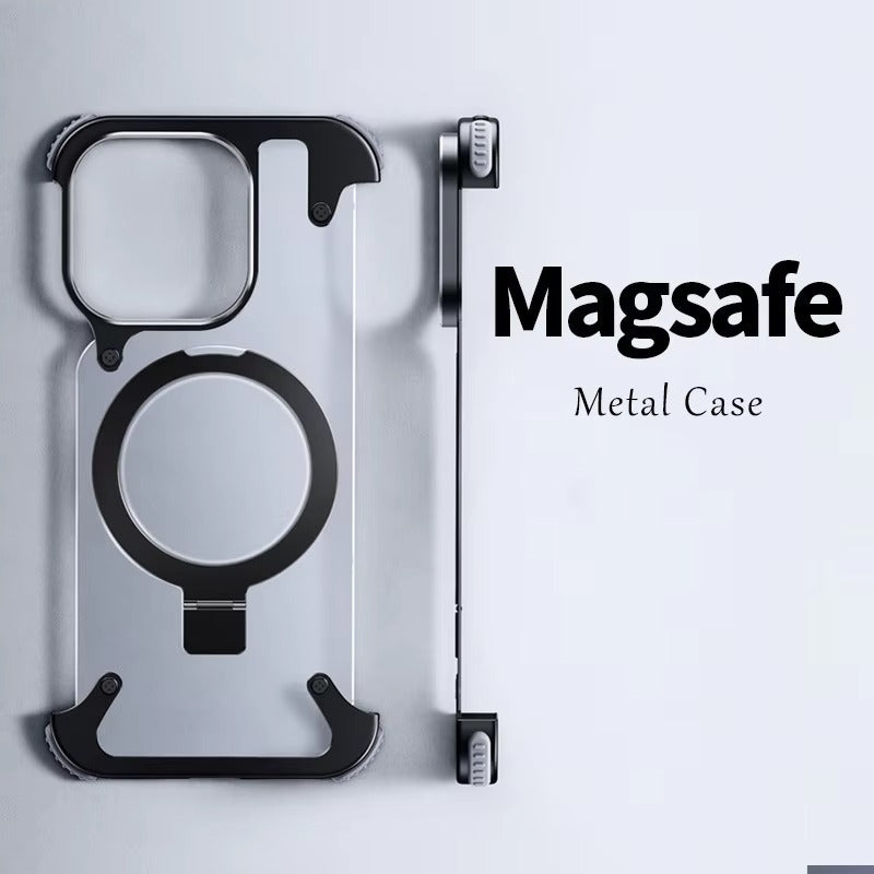Luxury Edgeless Apple iPhone Case, MagSafe Compatible, Ultra Thin Magnetic Metal Frame and Aluminum Kickstand