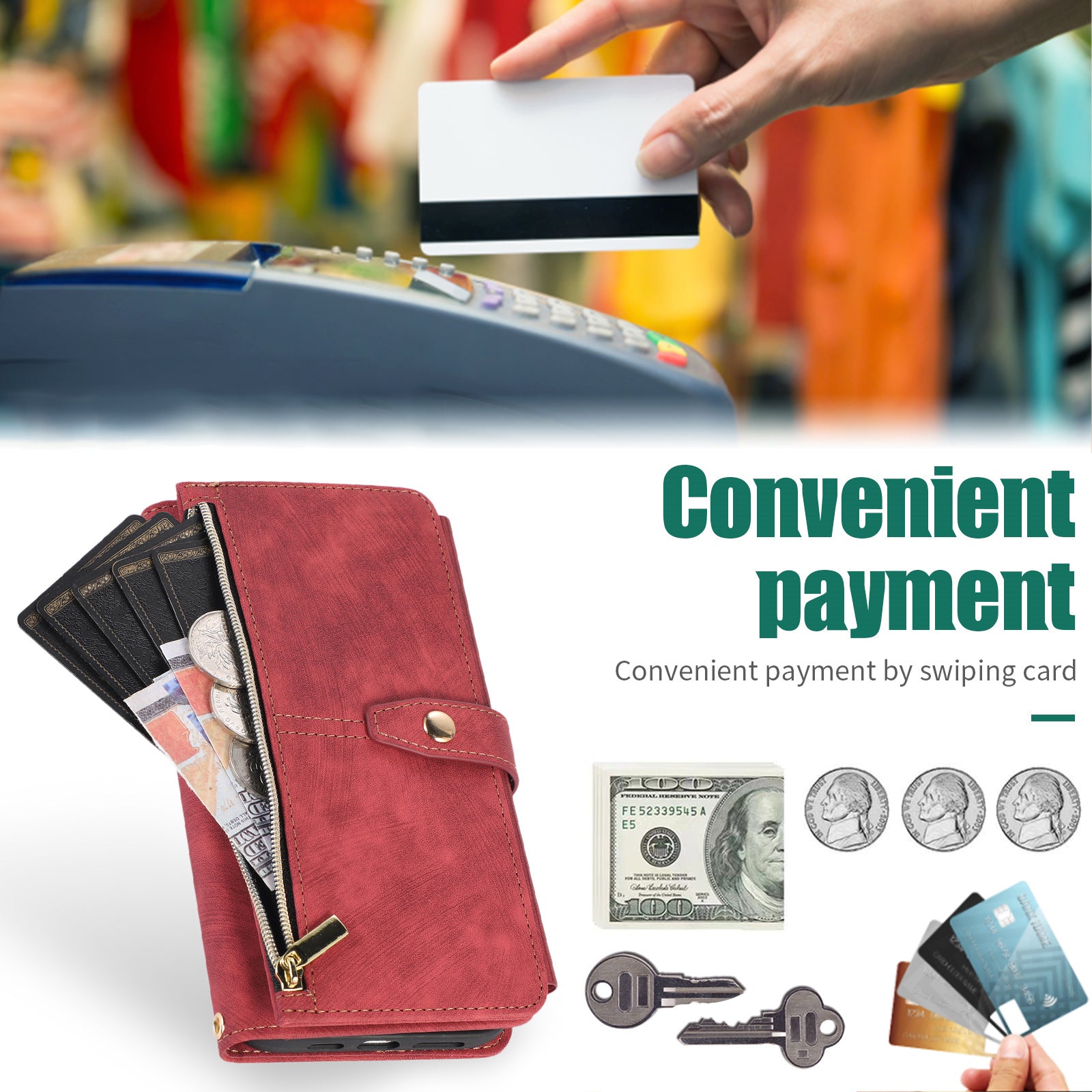 Luxury Crossbody Zipper Wallet iPhone Case – Leather Card Holder, Lanyard Strap, Closure Hands-Free Convenience for iPhone