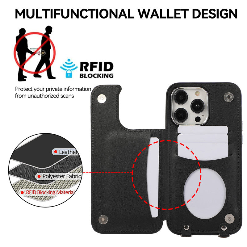 Luxury Crossbody RFID Leather Wallet iPhone Case – Card Slot, Ring Holder, Double Buckle, Lanyard Bag Cover, Magnetic Closure