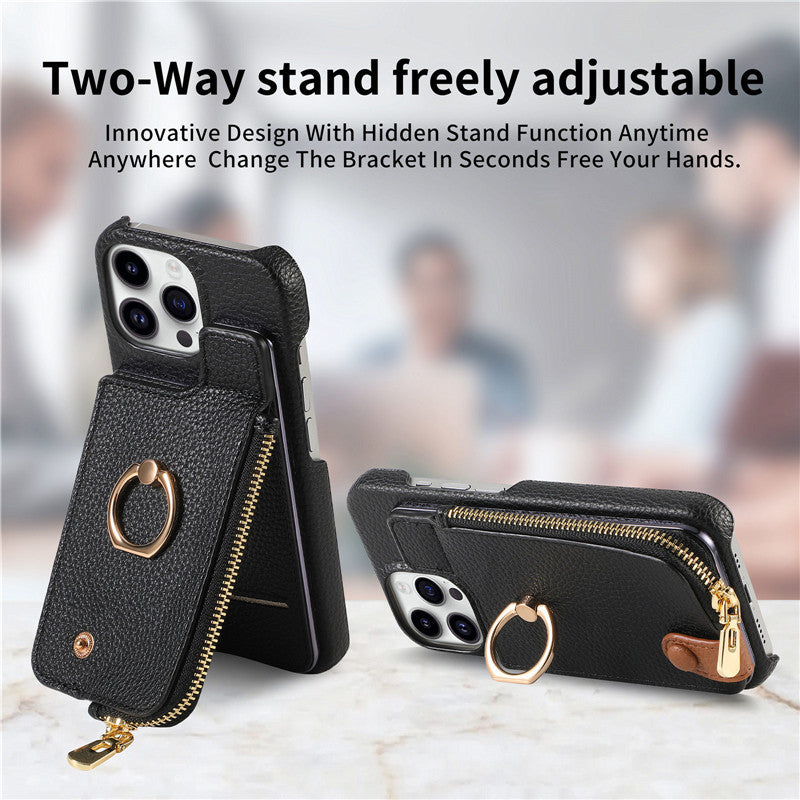 Luxury Leather Zipper Wallet iPhone Case – Card Holder, Ring Kickstand, Shockproof Cover for iPhone Models