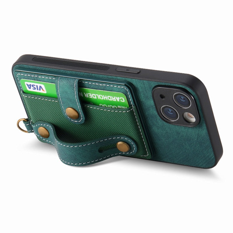 Luxury PU Leather Wallet iPhone Case with Wrist Strap – Stand Function, Card Holder, Protection for Secure and Convenience