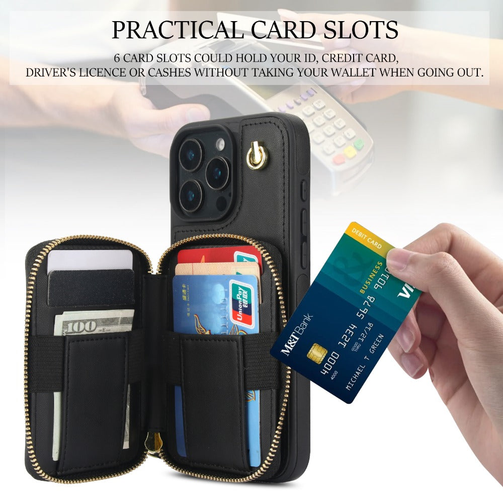Luxury Crossbody Lanyard iPhone Case – Zipper Wallet Leather Cover with Card Holder, and Full Protection for iPhone Models
