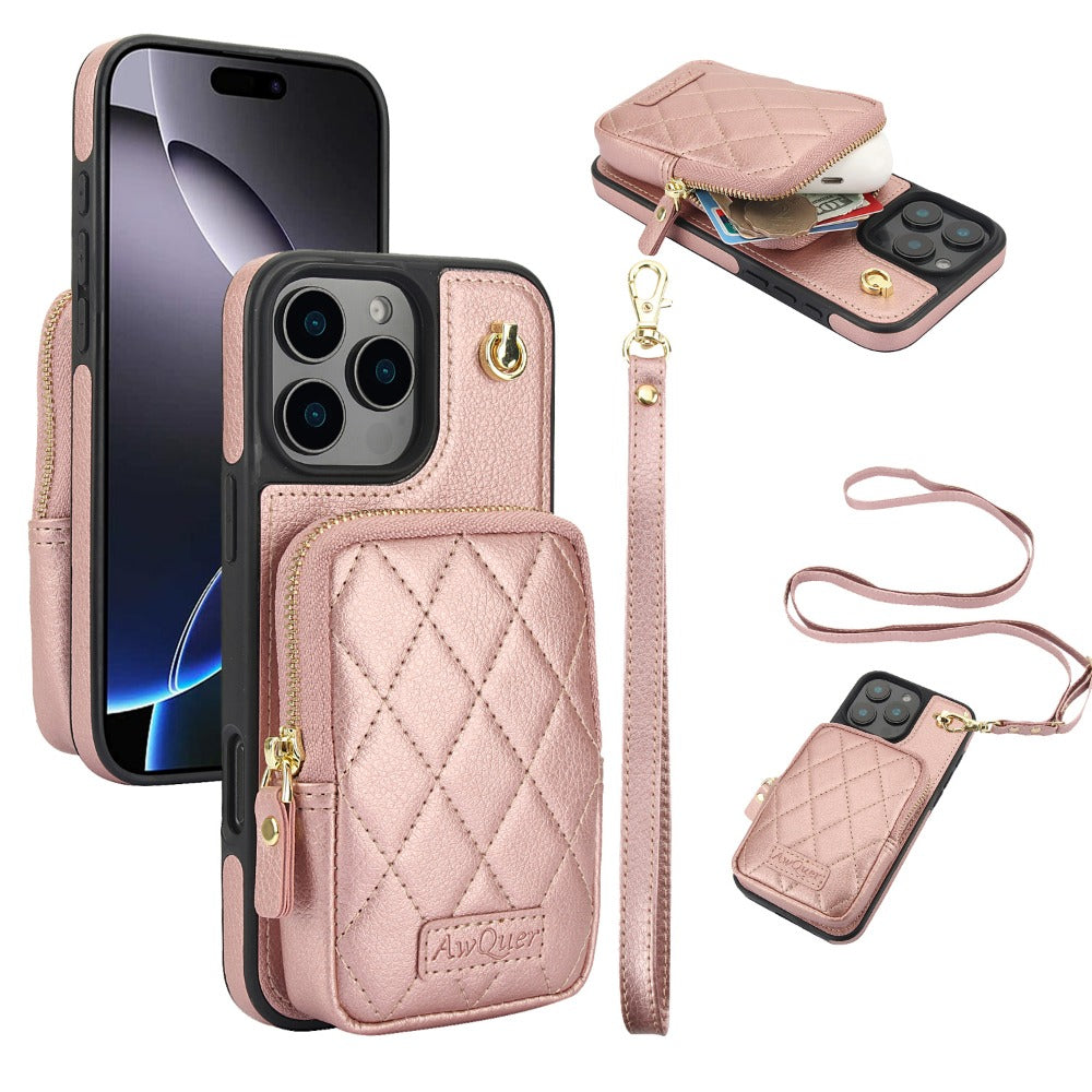 Luxury Crossbody Lanyard iPhone Case – Zipper Wallet Leather Cover with Card Holder, and Full Protection for iPhone Models