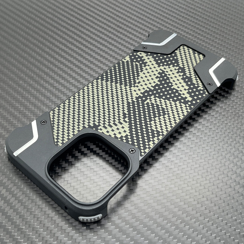 Camouflage Metal Armor Case Frameless Real Carbon Fiber Cover with Built-In Magnet for iPhone Models, Durable and Protection