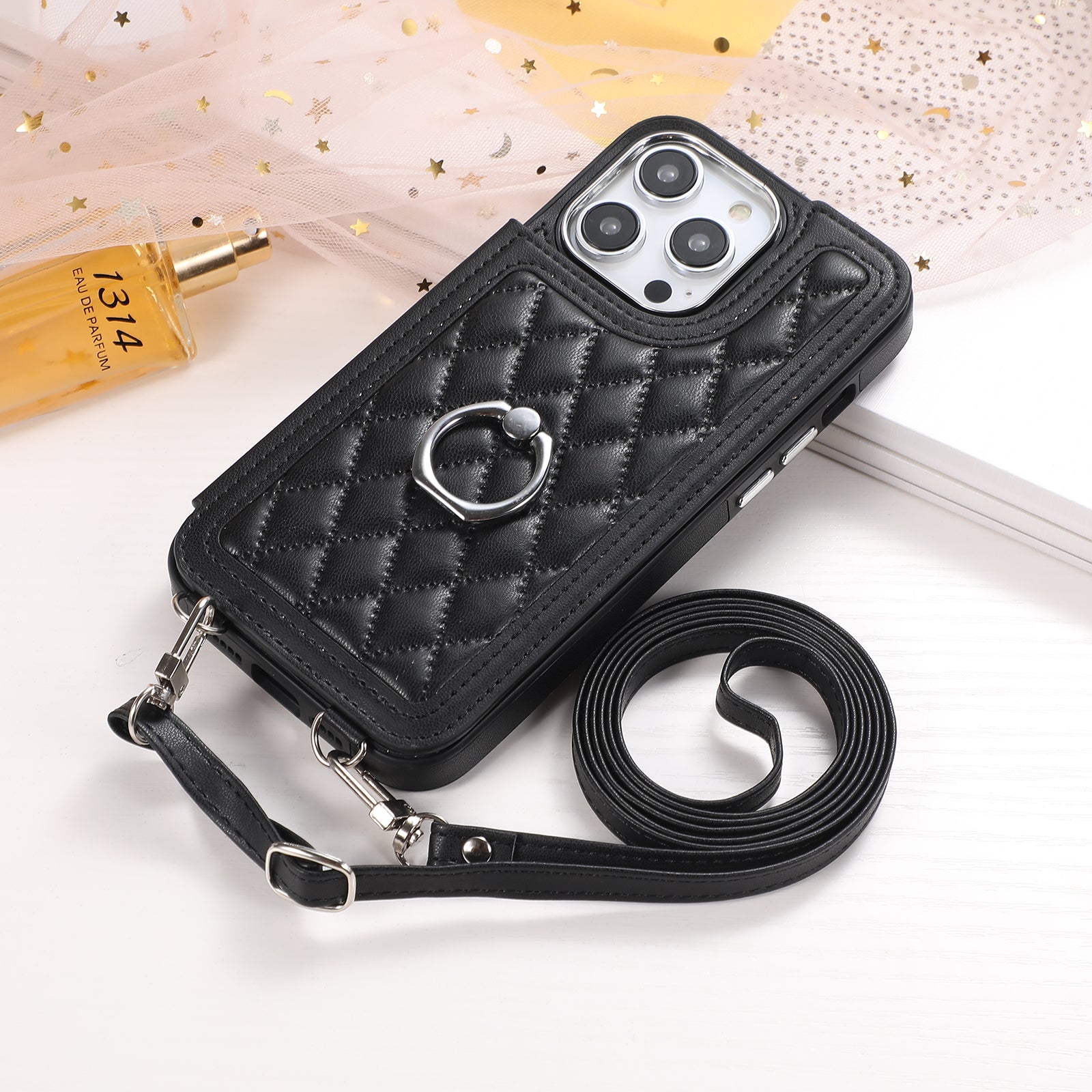 Luxury Crossbody RFID Leather Wallet iPhone Case – Card Slot, Ring Holder, Double Buckle, Lanyard Bag Cover, Magnetic Closure