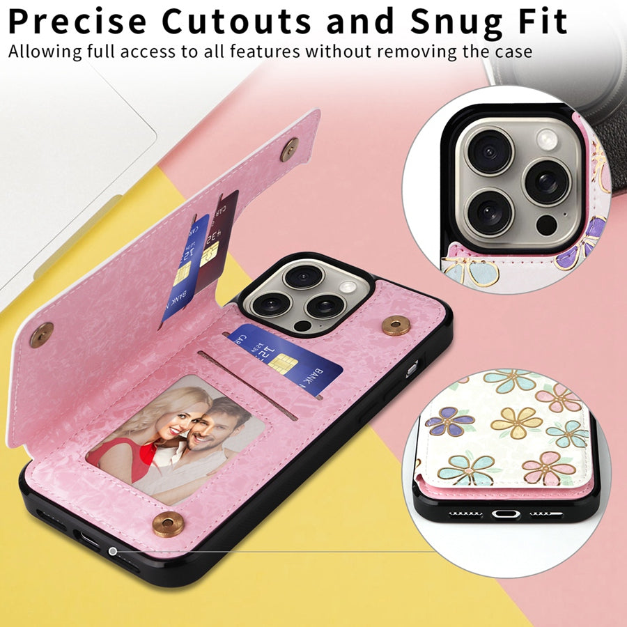 Hot Stamped Floral Wallet iPhone Case – Card Slots Magnetic Closure, Elegant Leather Design, Shockproof Protection for iPhone