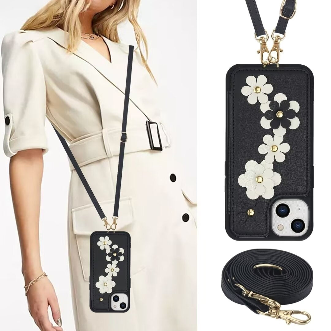 Luxury Crossbody Wallet Leather iPhone Case – 3D Flower Design, Card Slot, Wrist Strap, Magnetic Closure, Protective Cover