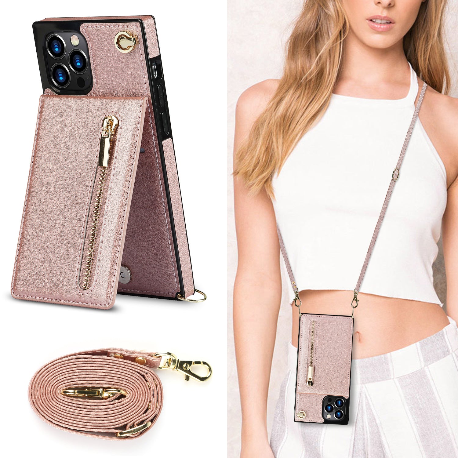 Luxury Zipper Wallet Crossbody Leather iPhone Case Card Holder, Lanyard Strap Magnetic Closure, Stylish Flip Cover for iPhone