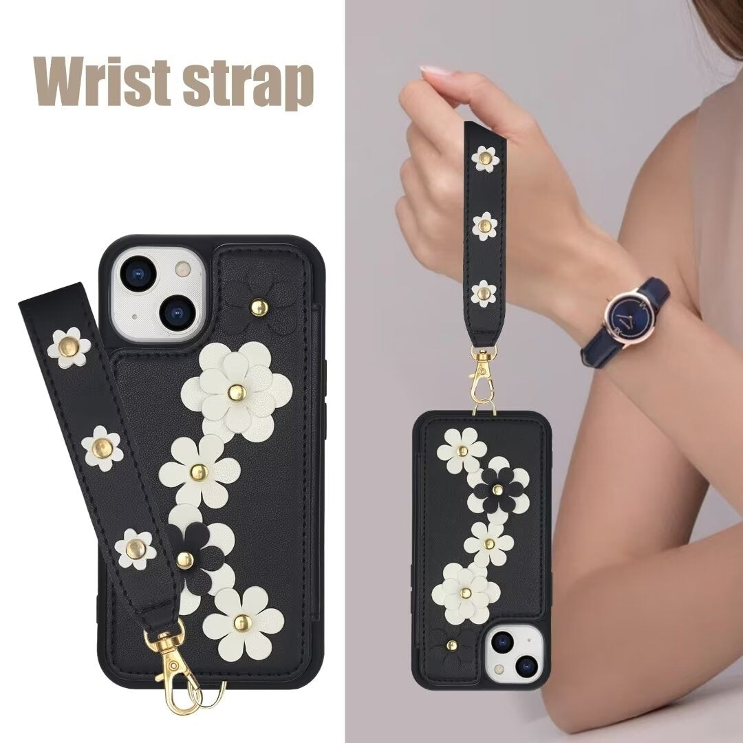 Luxury Crossbody Wallet Leather iPhone Case – 3D Flower Design, Card Slot, Wrist Strap, Magnetic Closure, Protective Cover