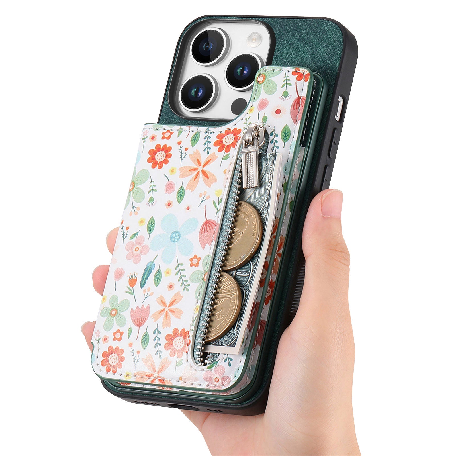 Zipper Card Slot Wallet iPhone Case – Magnetic Closure, Purse Pocket, Floral Design, Shockproof Protective Cover for iPhone