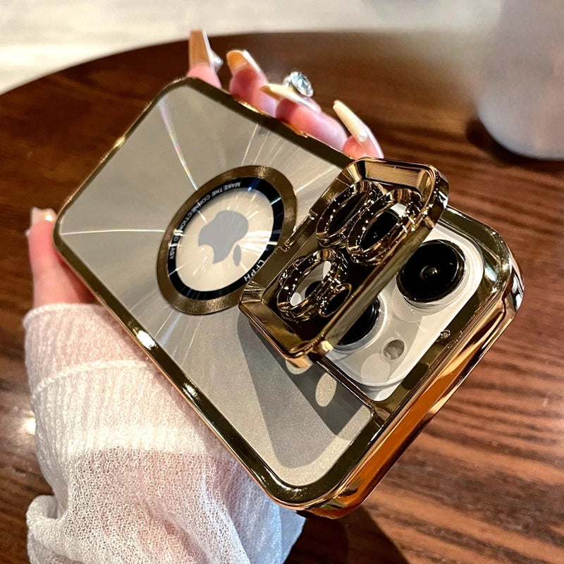 Premium Aurora Magsafe iPhone Case – Magnetic Plating CD Pattern, Shockproof, Stand Bracket, Logo Hole, Durable Protection,