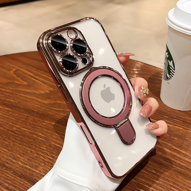 Luxury Plating MagSafe iPhone Case Transparent Acrylic Magnetic Cover with Stand Holder Shockproof PC Bumper Case for iPhone