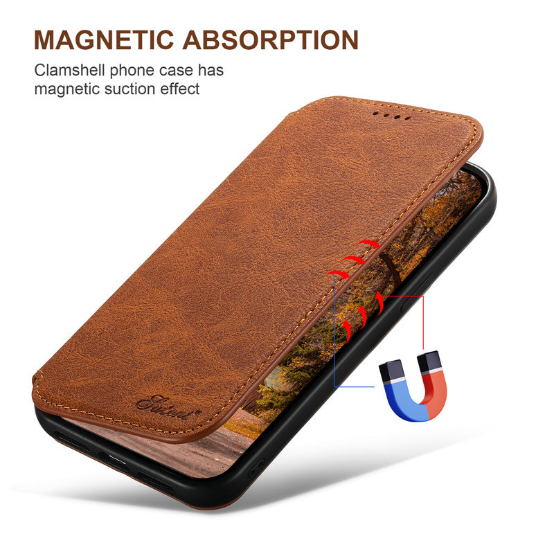 Luxury Leather Magnetic Flip iPhone Case – MagSafe Wallet Card Holder, Wireless Charging Compatible, Shockproof Protection, Elegant Design for iPhone Models