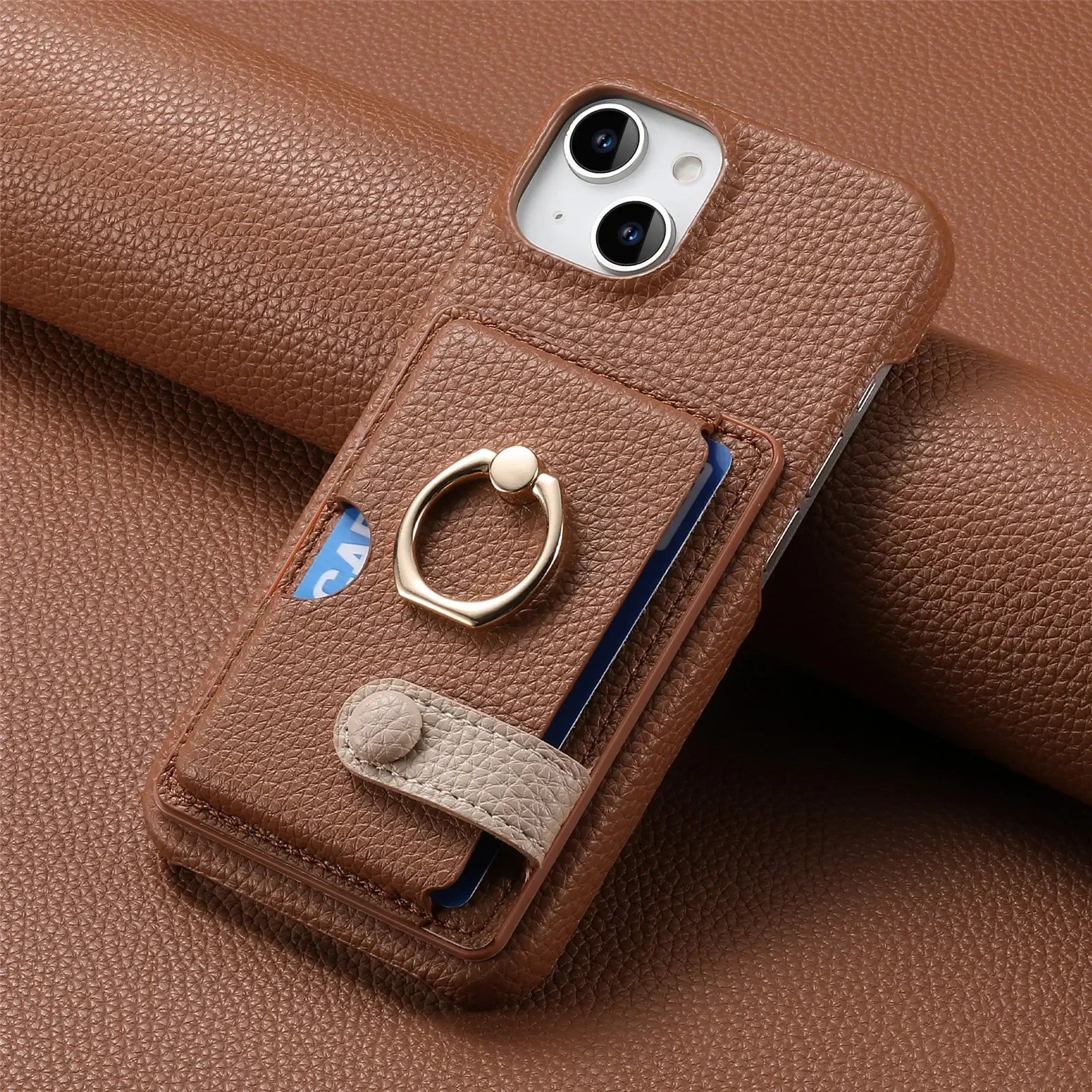 Premium Leather Ring Stand Wallet iPhone Case Card Holder, Magnetic Closure, and Kickstand Support for Hands-Free Convenience