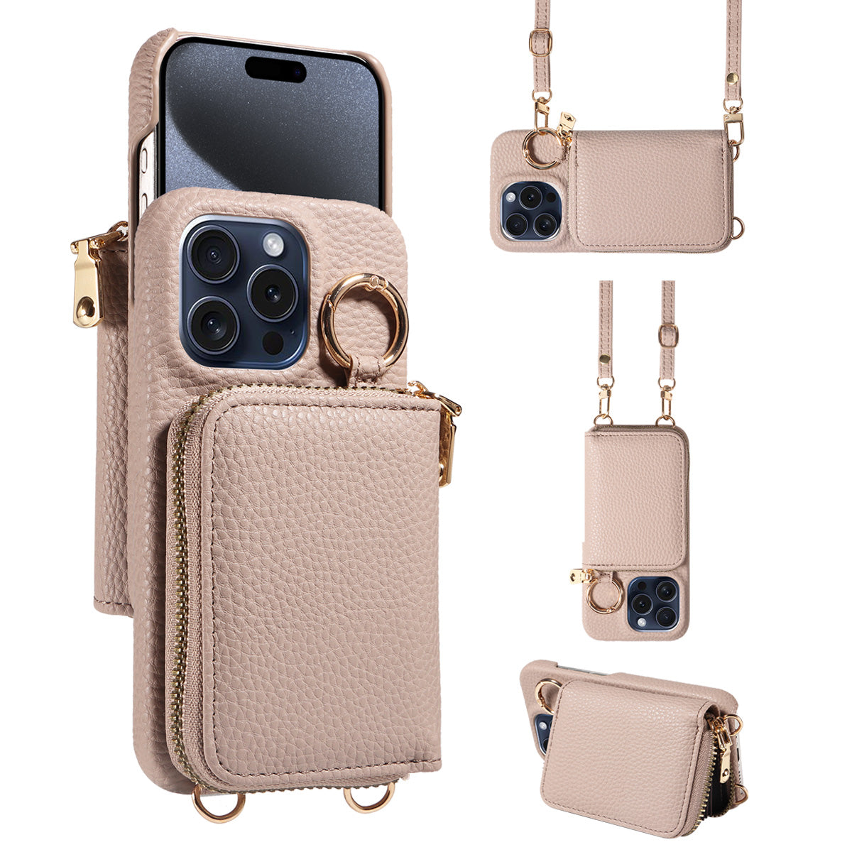 Luxury Zipper Wallet Crossbody iPhone Case Leather Cover with Card Holder Lanyard Strap and Full Protection for iPhone Models