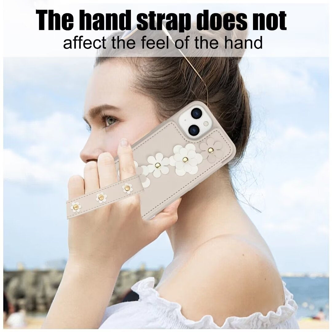 Luxury Crossbody Wallet Leather iPhone Case – 3D Flower Design, Card Slot, Wrist Strap, Magnetic Closure, Protective Cover