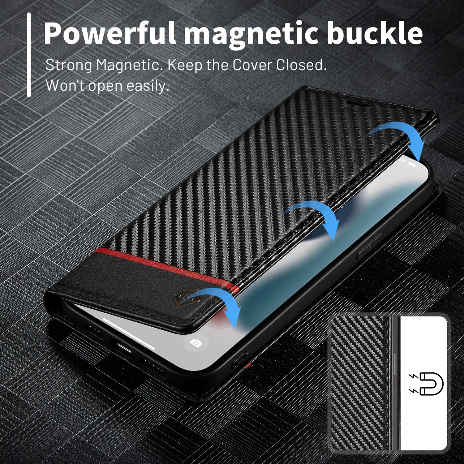 Luxury Carbon Fiber Leather Wallet iPhone Case – Magnetic Flip Cover, Card Holder, Shockproof Protection, Durable for iPhone