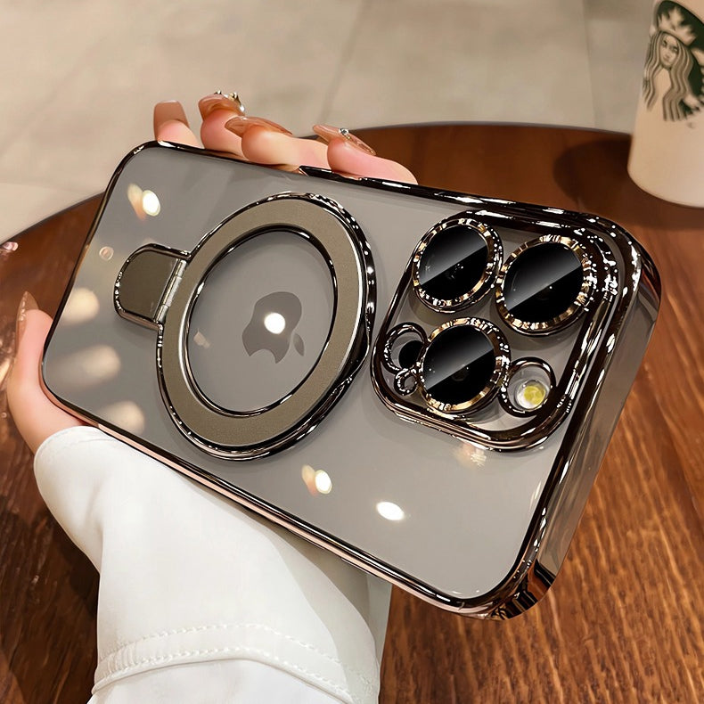 Luxury Plating MagSafe iPhone Case Transparent Acrylic Magnetic Cover with Stand Holder Shockproof PC Bumper Case for iPhone