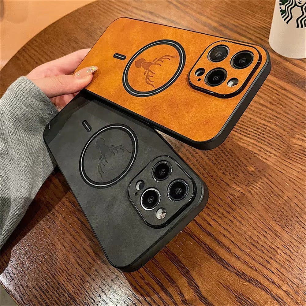 Luxury PU Leather MagSafe iPhone Case – Deer Embossed Design, Stylish & Durable Full Protection Cover | Case for iPhone