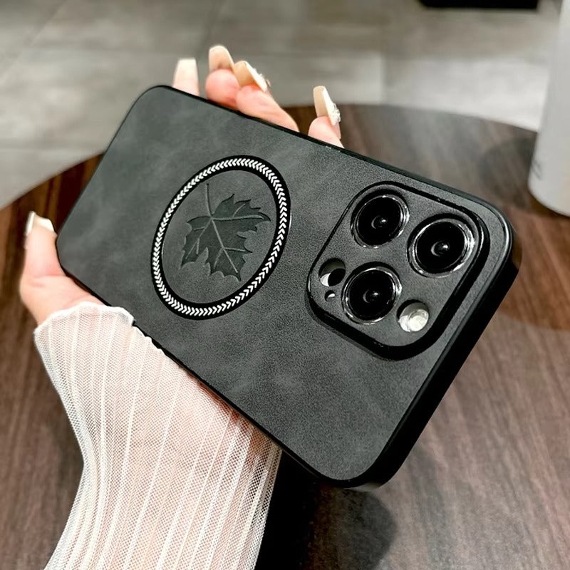 Premium Retro Leather Maple Leaf iPhone Case – MagSafe Charging, Stylish & Durable Full Protection Cover | Case for iPhone