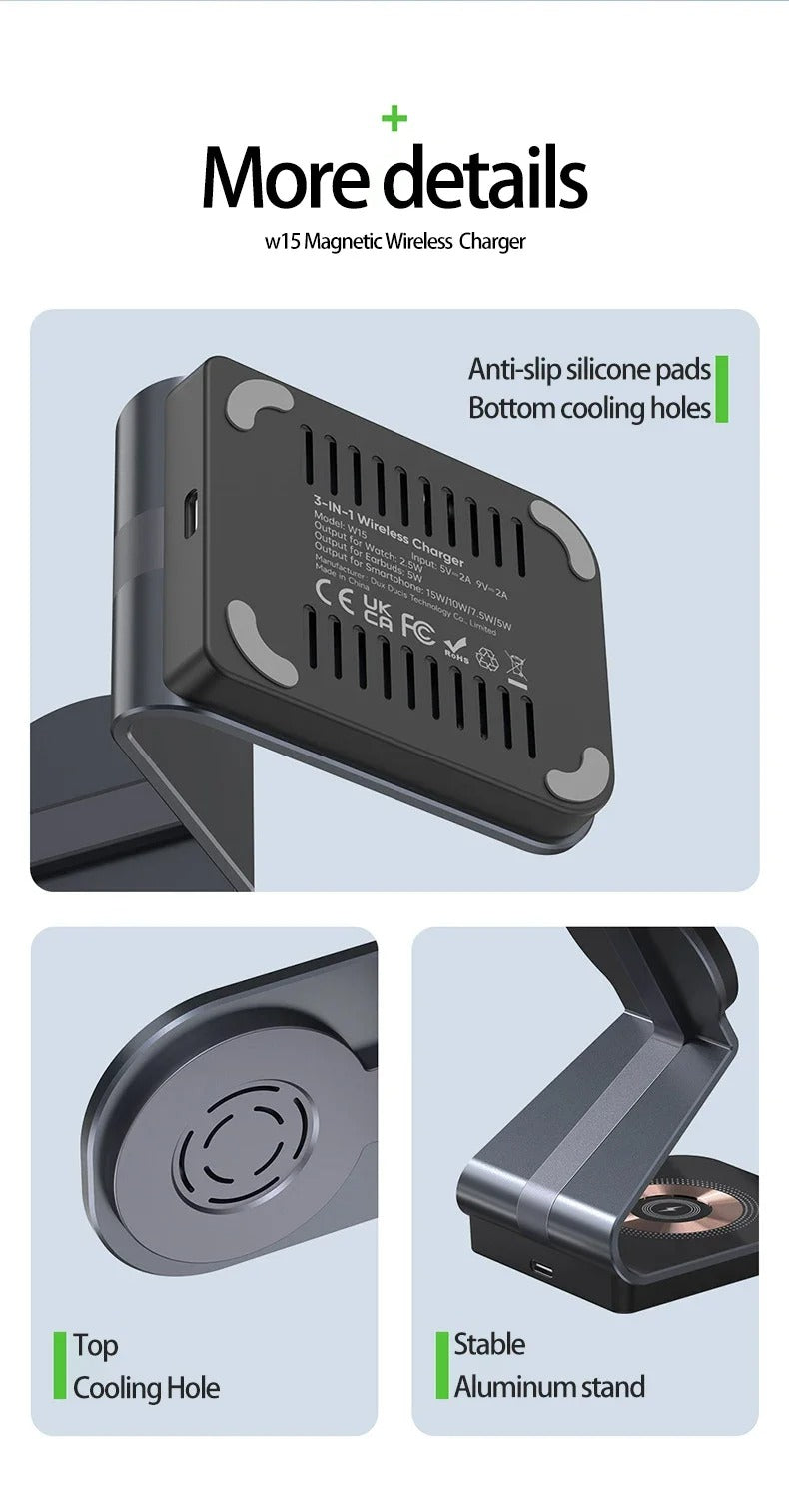 Luxury 3 in 1 Magnetic Wireless Charger Stand – Transparent Fast Charging Dock for iPhone, Apple Watch, AirPods with Aluminum Alloy Design, 15W Output