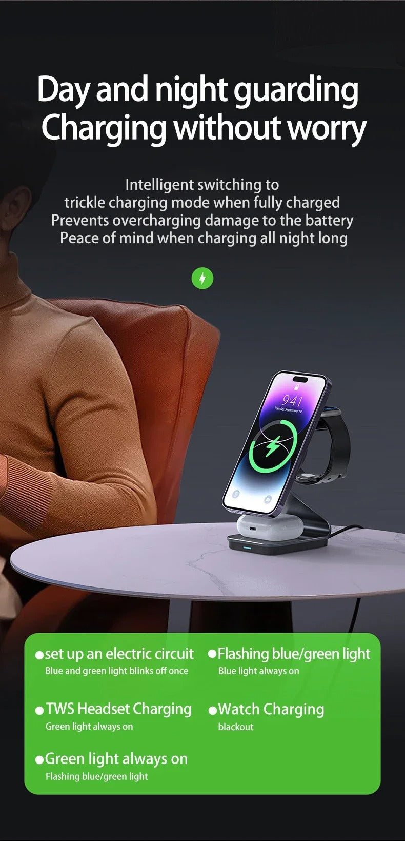 Luxury 3 in 1 Magnetic Wireless Charger Stand – Transparent Fast Charging Dock for iPhone, Apple Watch, AirPods with Aluminum Alloy Design, 15W Output