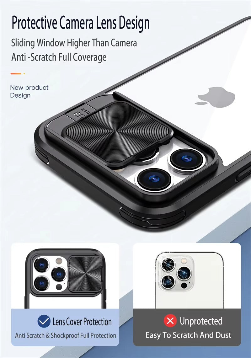 High Quality Apple iPhone Case MagSafe Compatible, Camera Lens & Screen Protection, Cover with Slide Lens & Clear PC Bumper