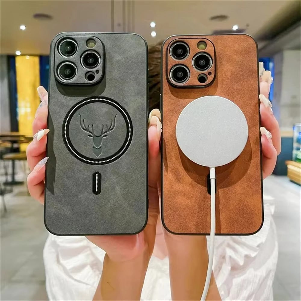 Luxury PU Leather MagSafe iPhone Case – Deer Embossed Design, Stylish & Durable Full Protection Cover | Case for iPhone