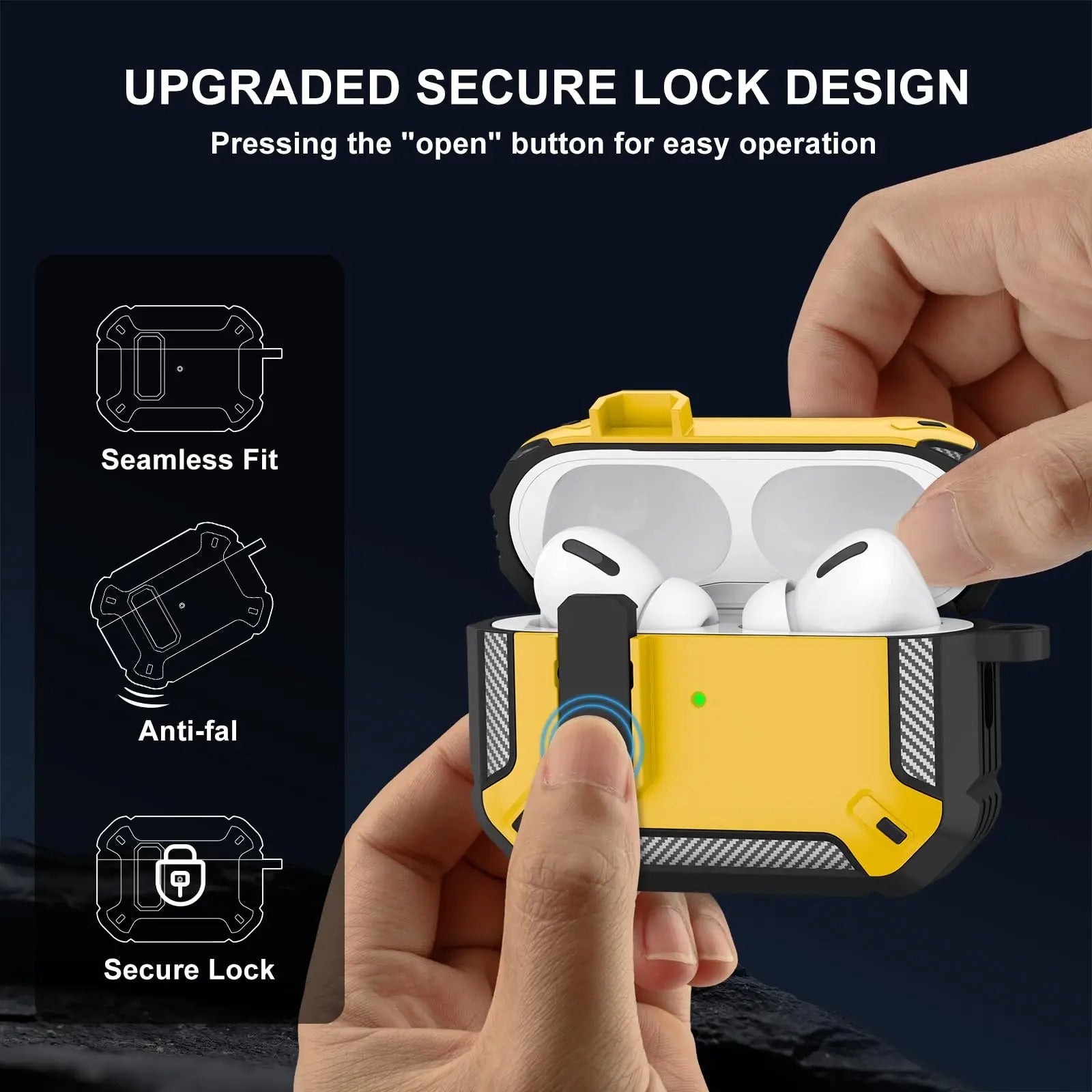 Premium Carbon Fiber AirPods Case Cover – Shockproof TPU Hard Shell with Secure Lock, Keychain, Wireless Charging Compatible for AirPods Pro 2, 3, 2, 1 & 4