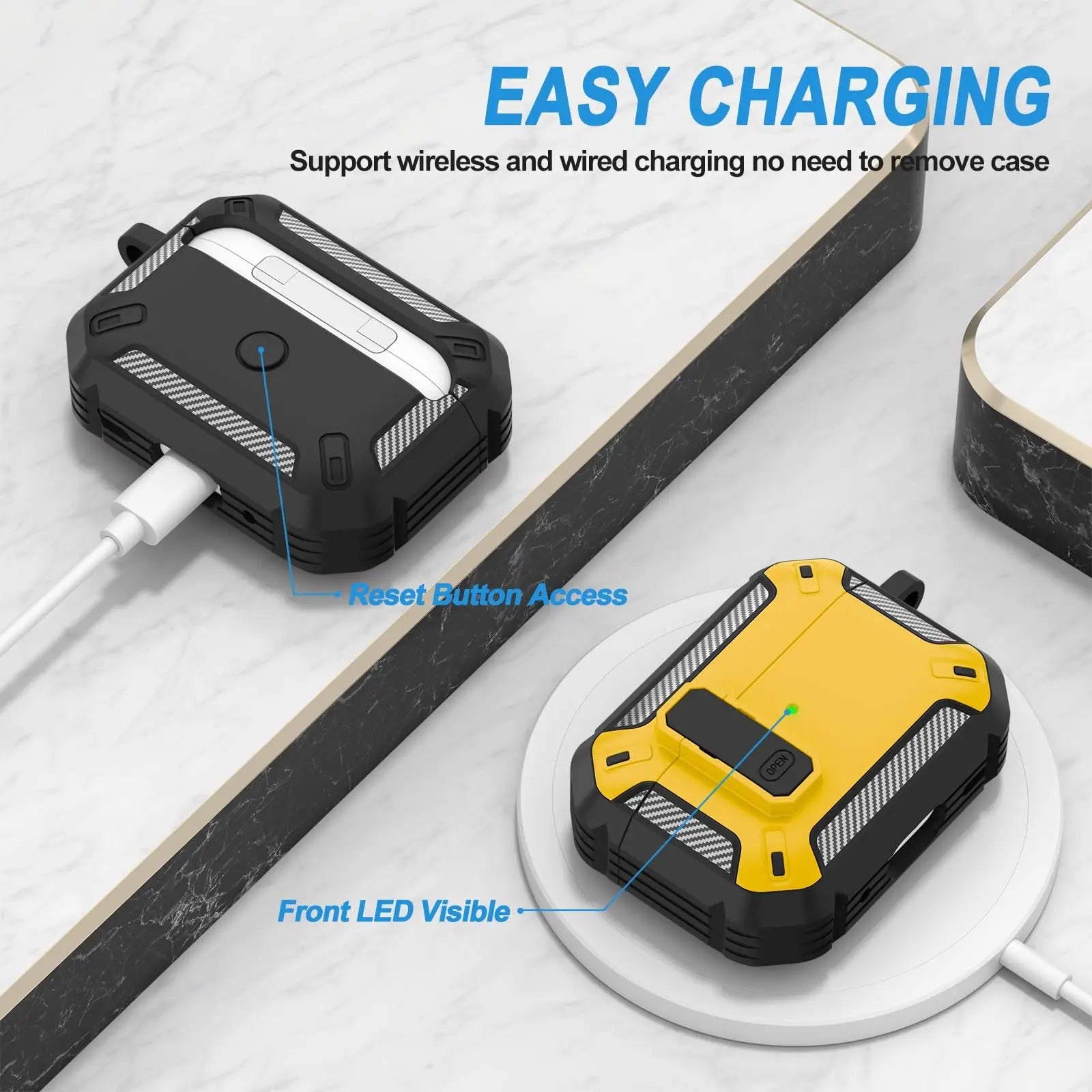 Premium Carbon Fiber AirPods Case Cover – Shockproof TPU Hard Shell with Secure Lock, Keychain, Wireless Charging Compatible for AirPods Pro 2, 3, 2, 1 & 4