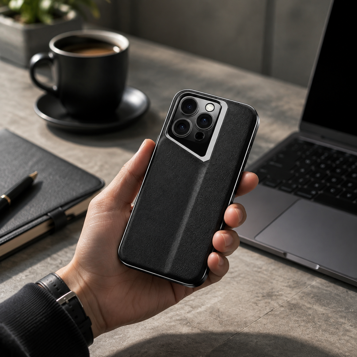 Premium iPhone Case Vegan Leather Hard Back Protective Cover Camera Lens Protection Anti-Fingerprint Anti-Scratch Slim Lightweight Wireless Charging Compatible Full Coverage