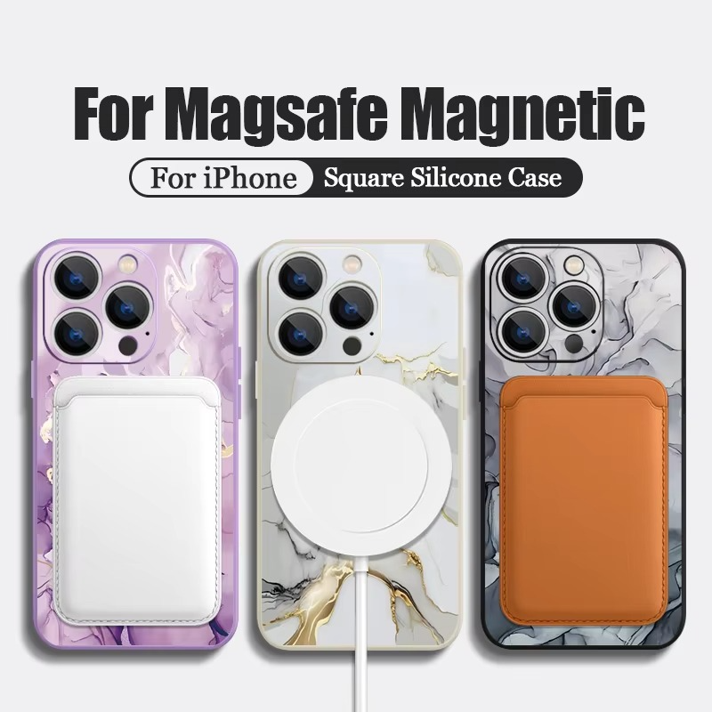 Luxury Apple iPhone Case, MagSafe Compatible, Camera Lens and Screen Protection, Ultra Thin, Shockproof, Magnetic, Full All Around Protection, Marble Silicone Lanyard Cover