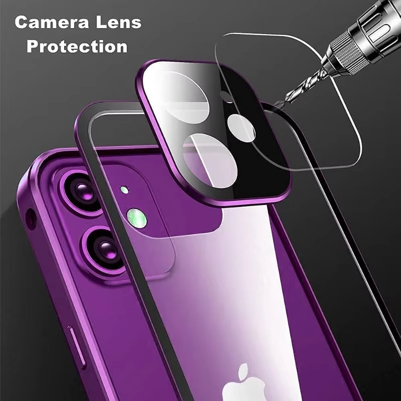 Luxury Apple iPhone Case, MagSafe Compatible, Camera Lens and Screen Protection, Ultra Thin, Shockproof, Magnetic, Full All Around Protection, Double Glass Lock Bumper Case