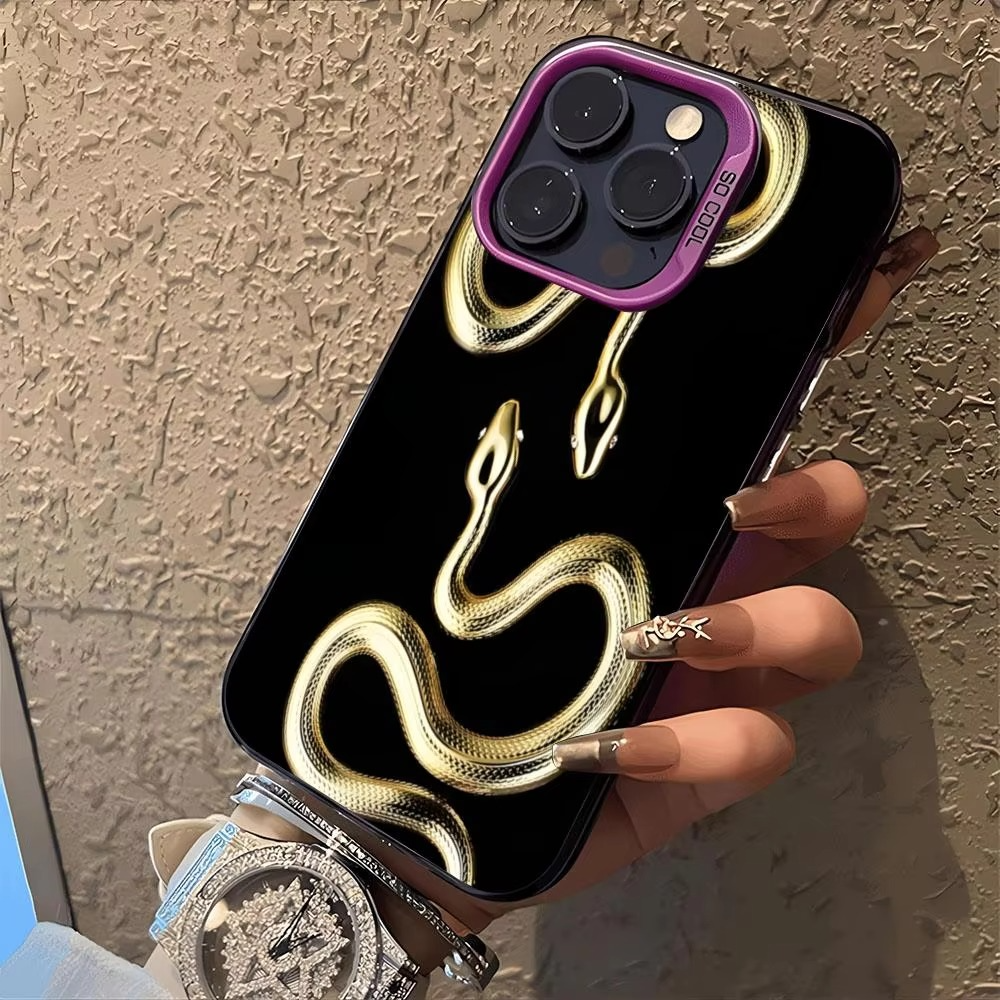 Luxury Apple iPhone Case, MagSafe Compatible, Camera Lens and Screen Protection, Ultra Thin, Shockproof, Magnetic, Full All Around Protection, Black Gold Snake Cover