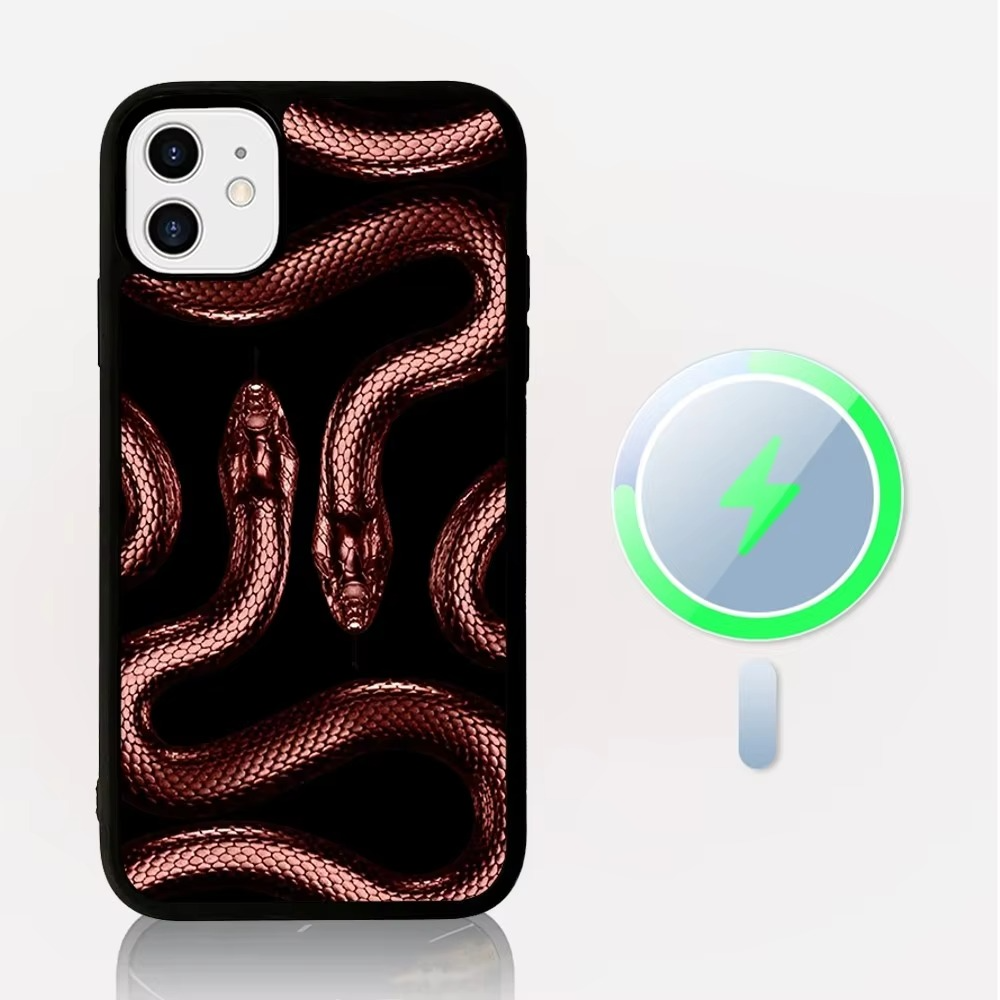 Luxury Apple iPhone Case, MagSafe Compatible, Camera Lens and Screen Protection, Ultra Thin, Shockproof, Magnetic, Full All Around Protection, Black Gold Snake Cover