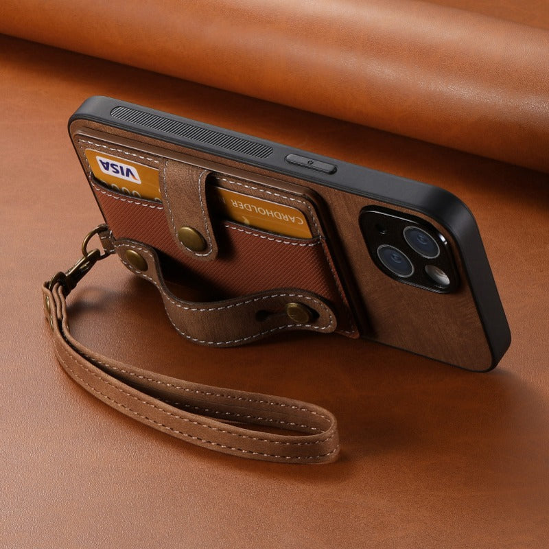Luxury PU Leather Wallet iPhone Case with Wrist Strap – Stand Function, Card Holder, Protection for Secure and Convenience