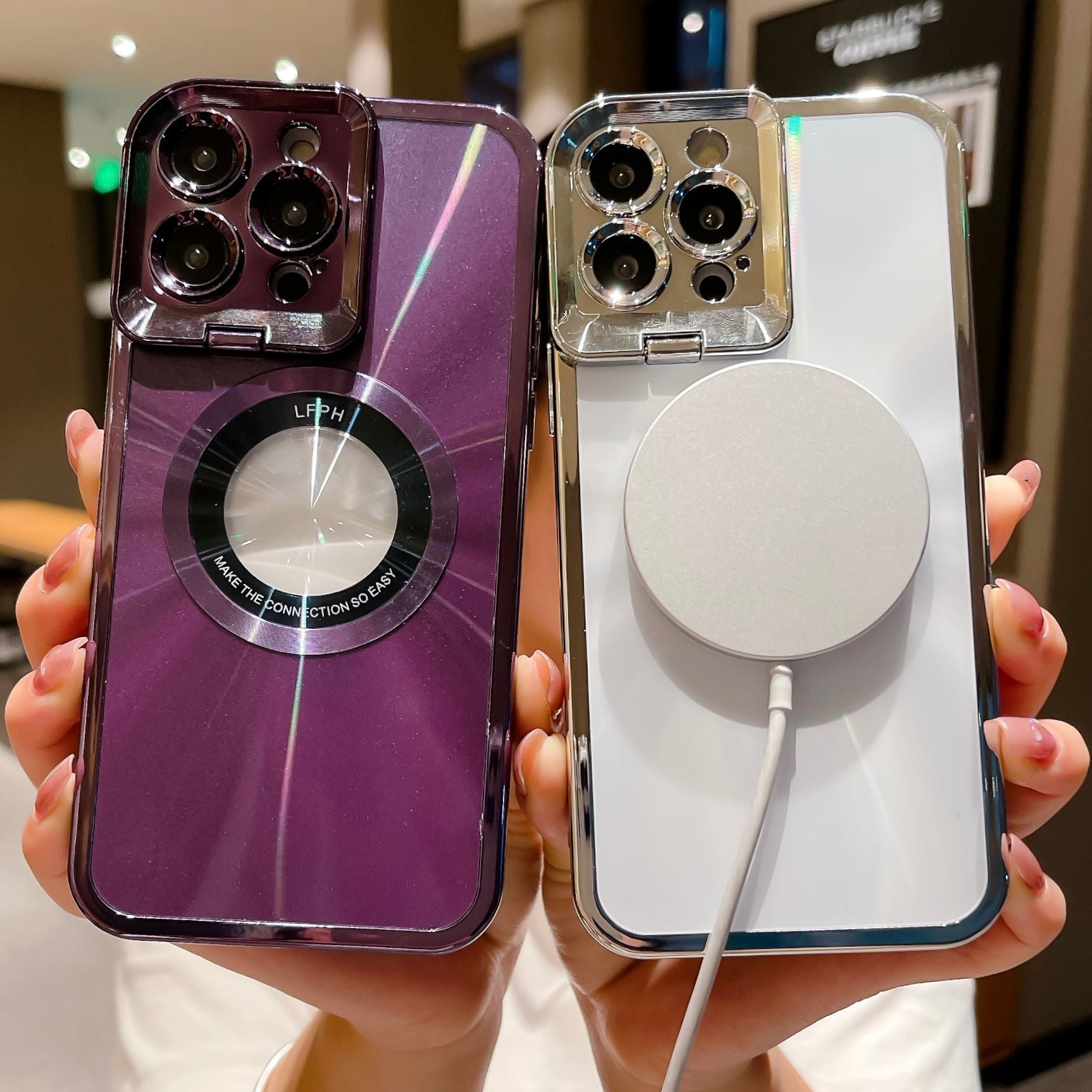 Premium Aurora Magsafe iPhone Case – Magnetic Plating CD Pattern, Shockproof, Stand Bracket, Logo Hole, Durable Protection,