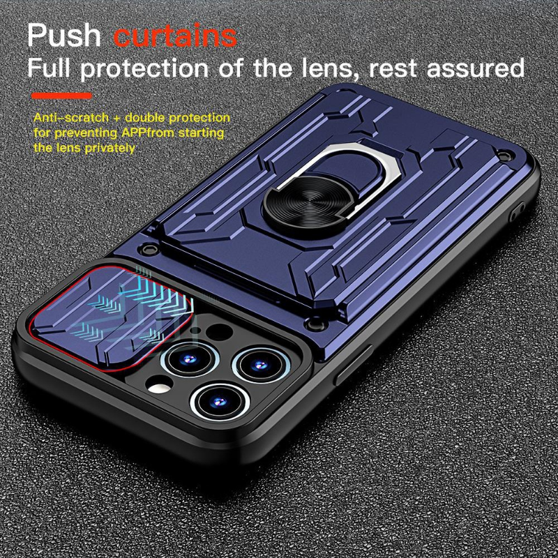 Hidden Slide Card Slot iPhone Case – Lens Protection, Magnetic Ring Stand, Shockproof Cover for iPhone Models